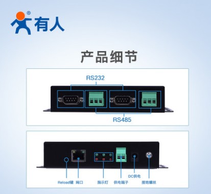 有人双串口服务器RS232/485转以太网modbus tcp转rtu网关通讯模块工业级通信联网网口物联网USR-N520